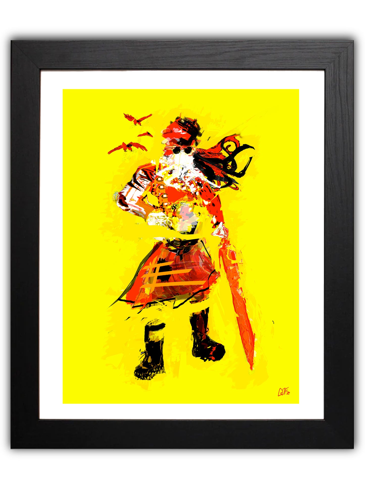 Abstract man with sword in kilt on yellow background