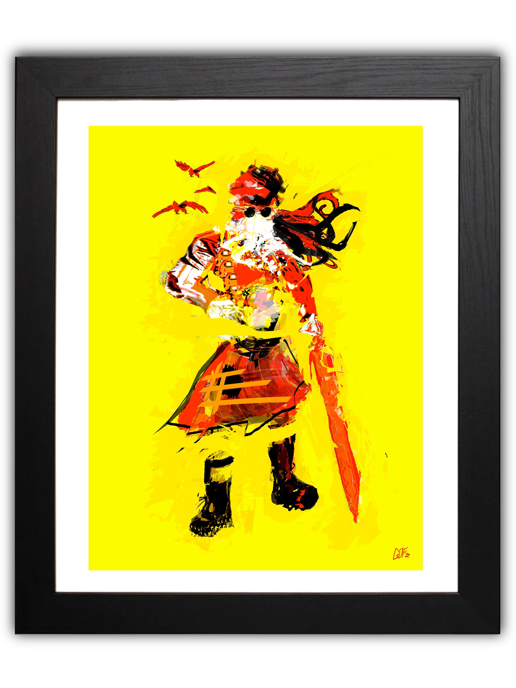 Abstract man with sword in kilt on yellow background