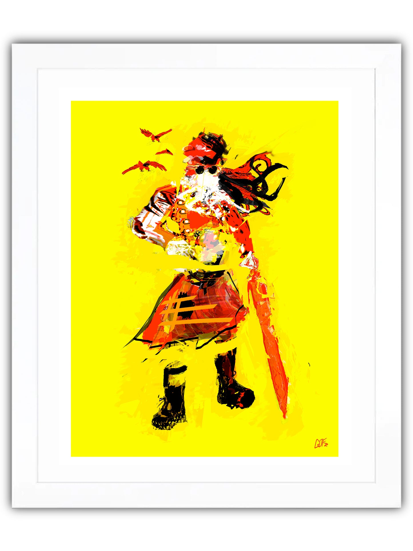 Abstract man with sword in kilt on yellow background