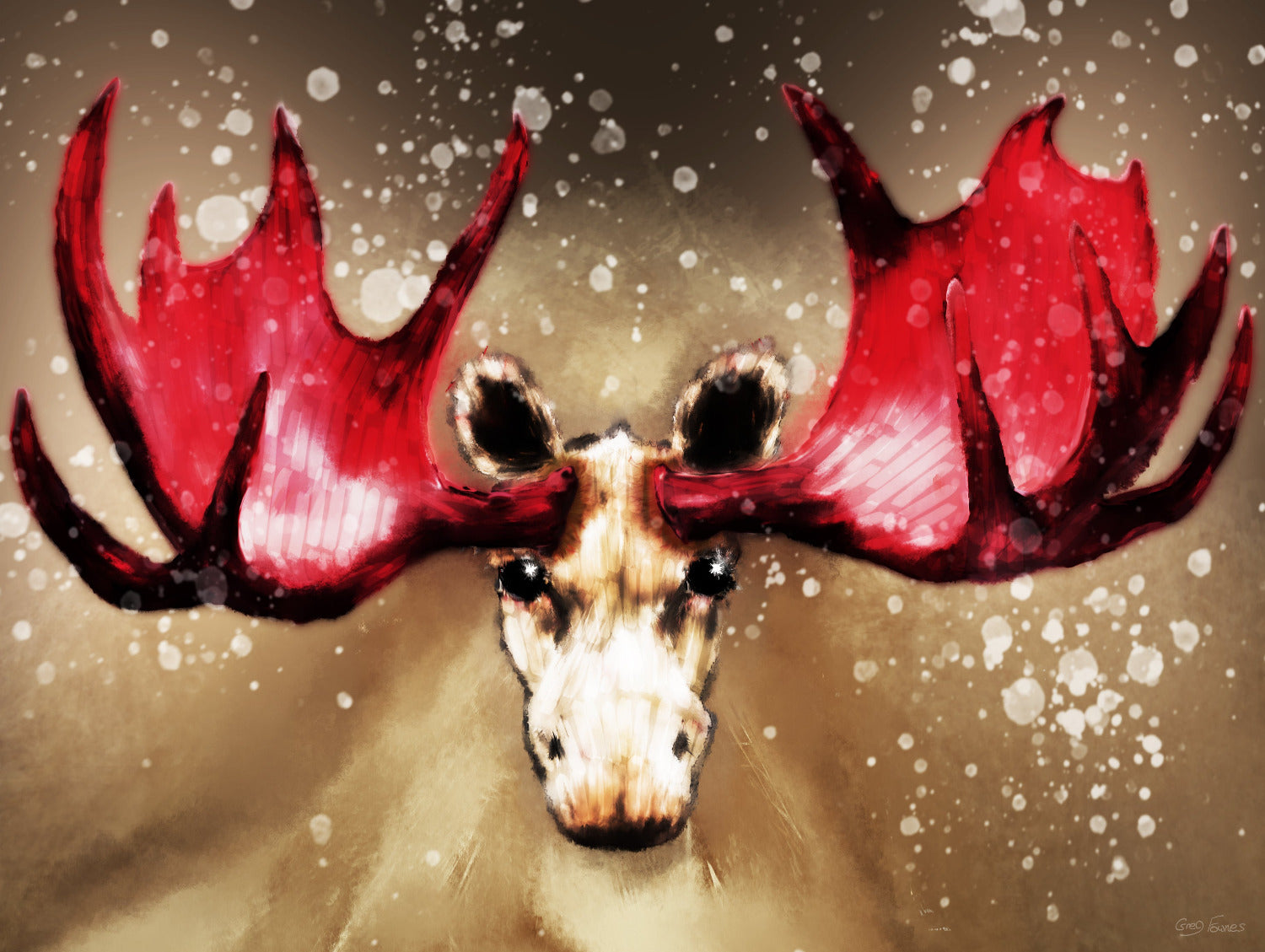 Albino moose with red antlers