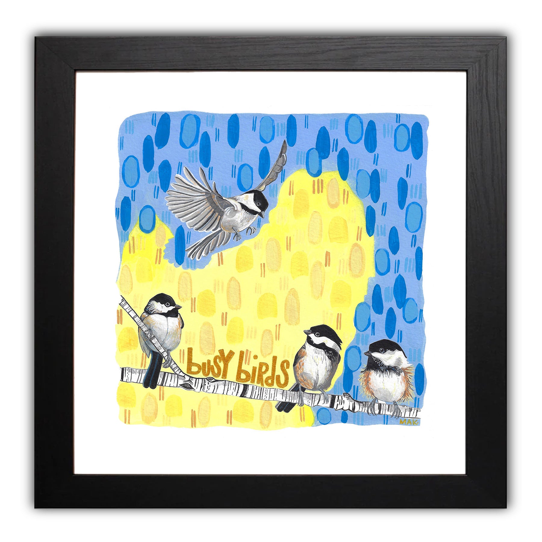 Chickadees on a branch, abstract background