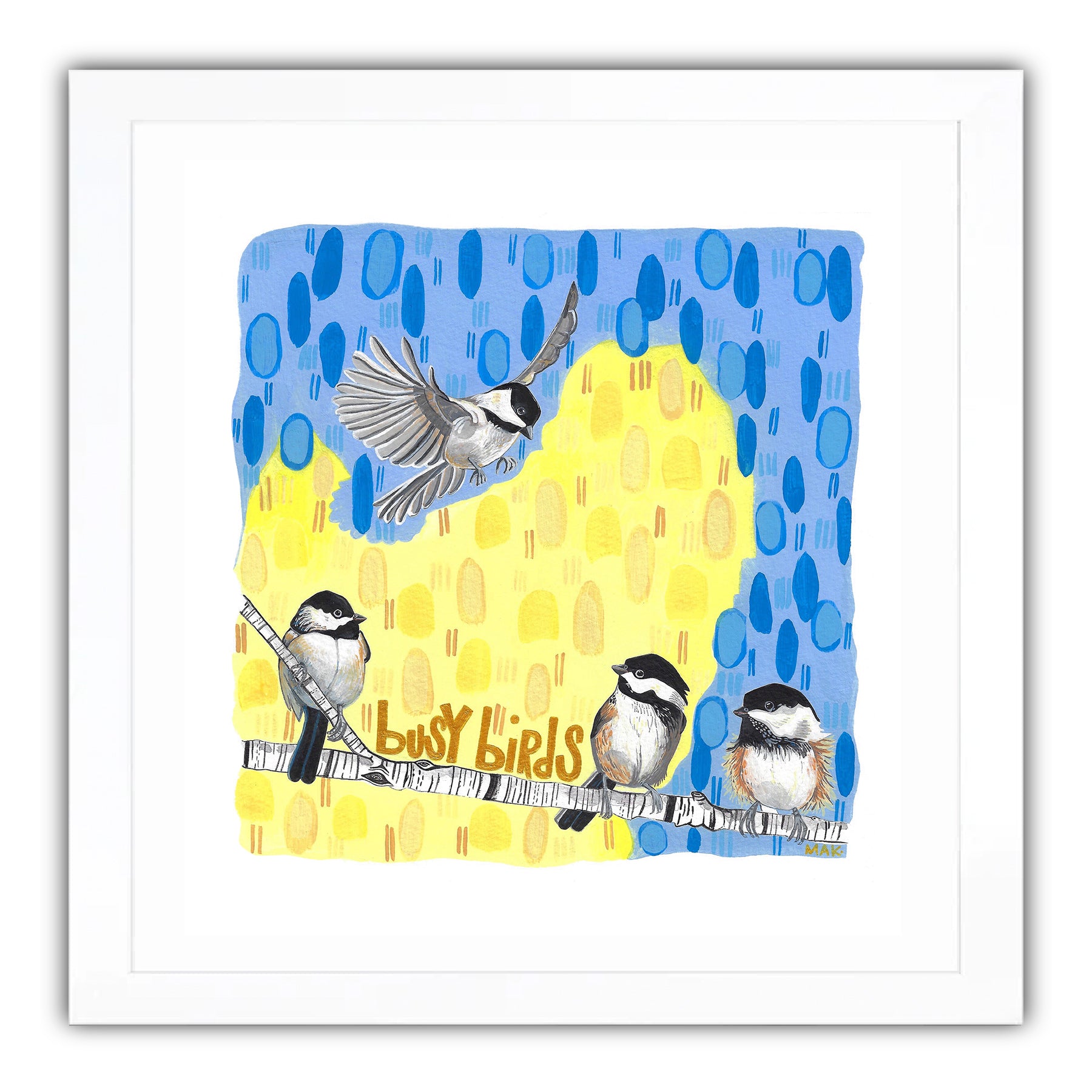 Chickadees on a branch, abstract background