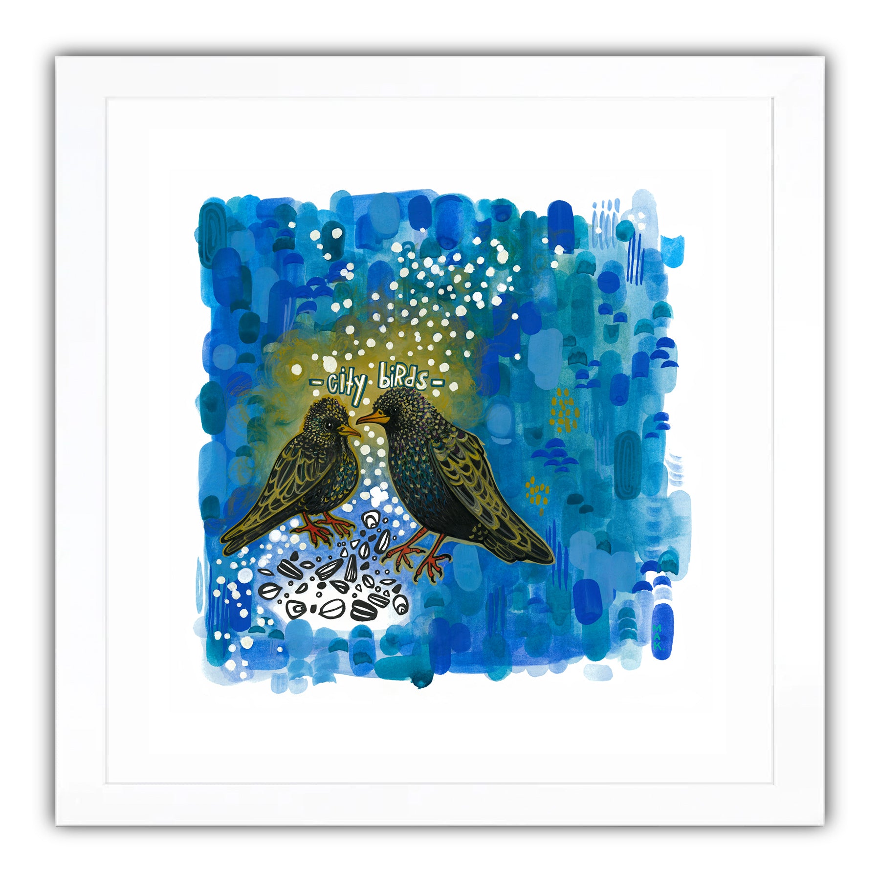 Illustration, Two starlings eating seeds