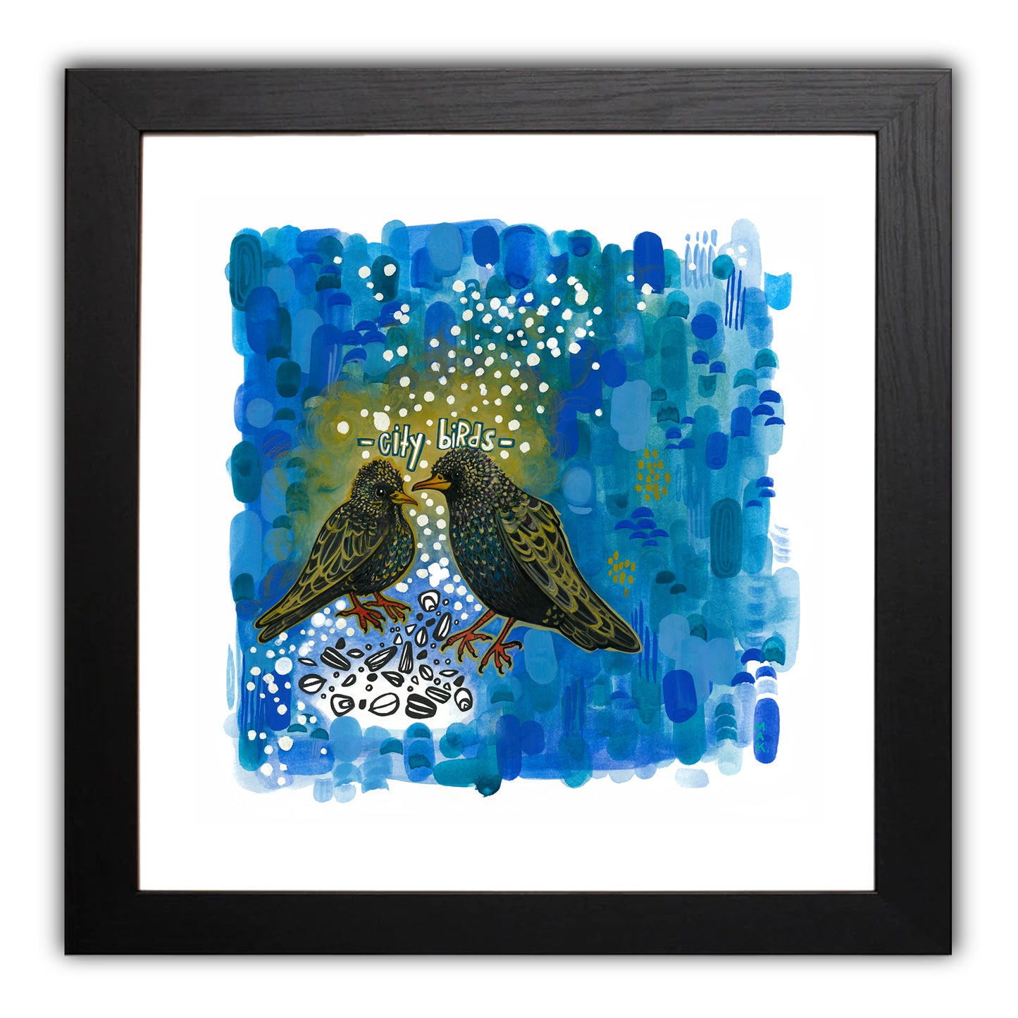 Illustration, Two starlings eating seeds