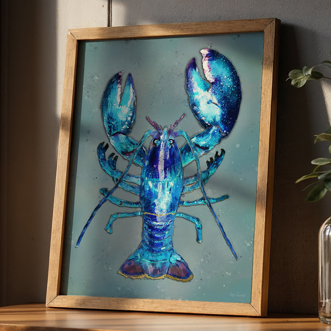 Framed Blue Lobster art print leaning on a wooden shelf
