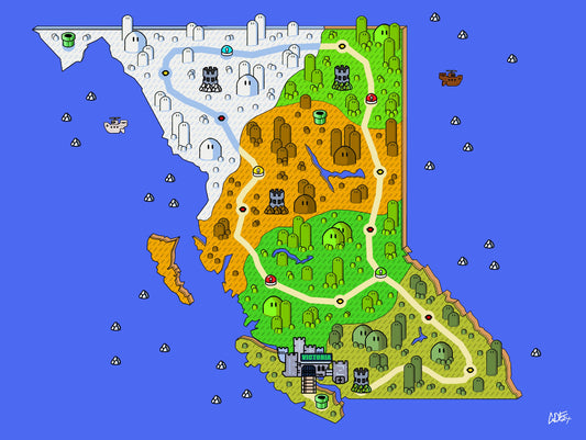 British Columbia map with videogame icons