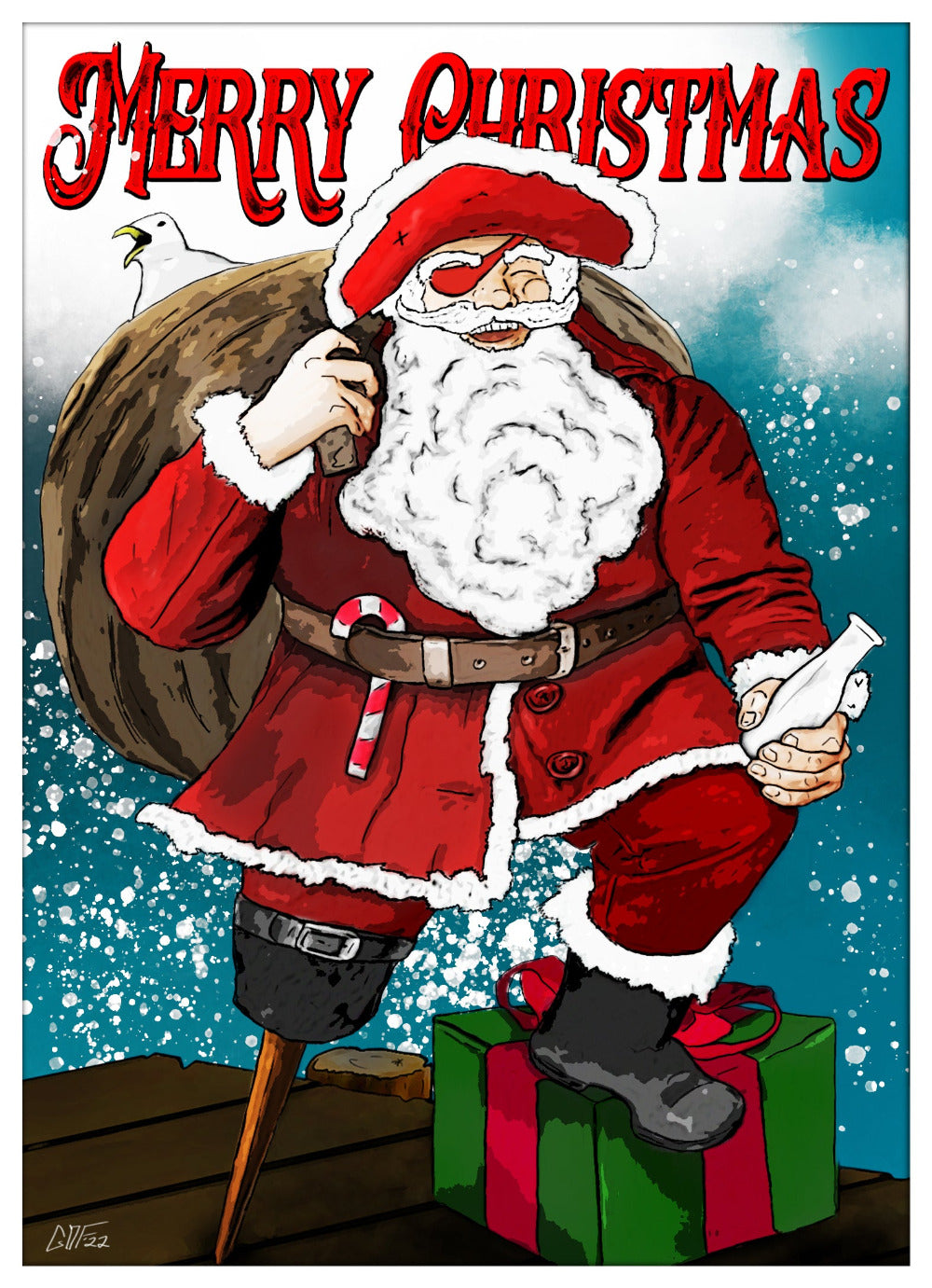 Pirate Santa Claus with peg leg on dock