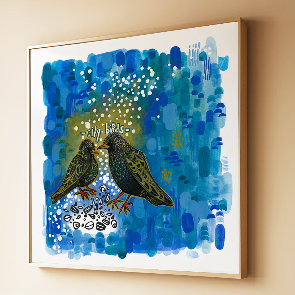 Framed City Birds starlings print by Joy and Fury Art on a wall