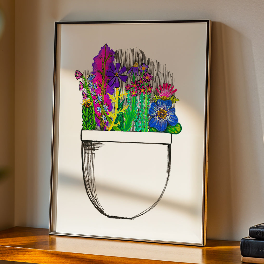 Framed flower pot bouquet print by Joy and Fury Art on a wooden surface