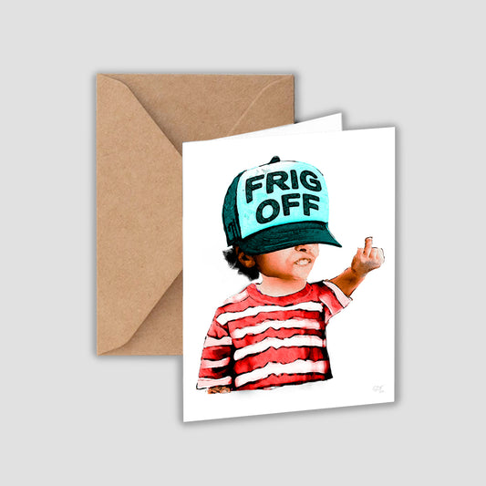 Child wearing hat that says Frig Off