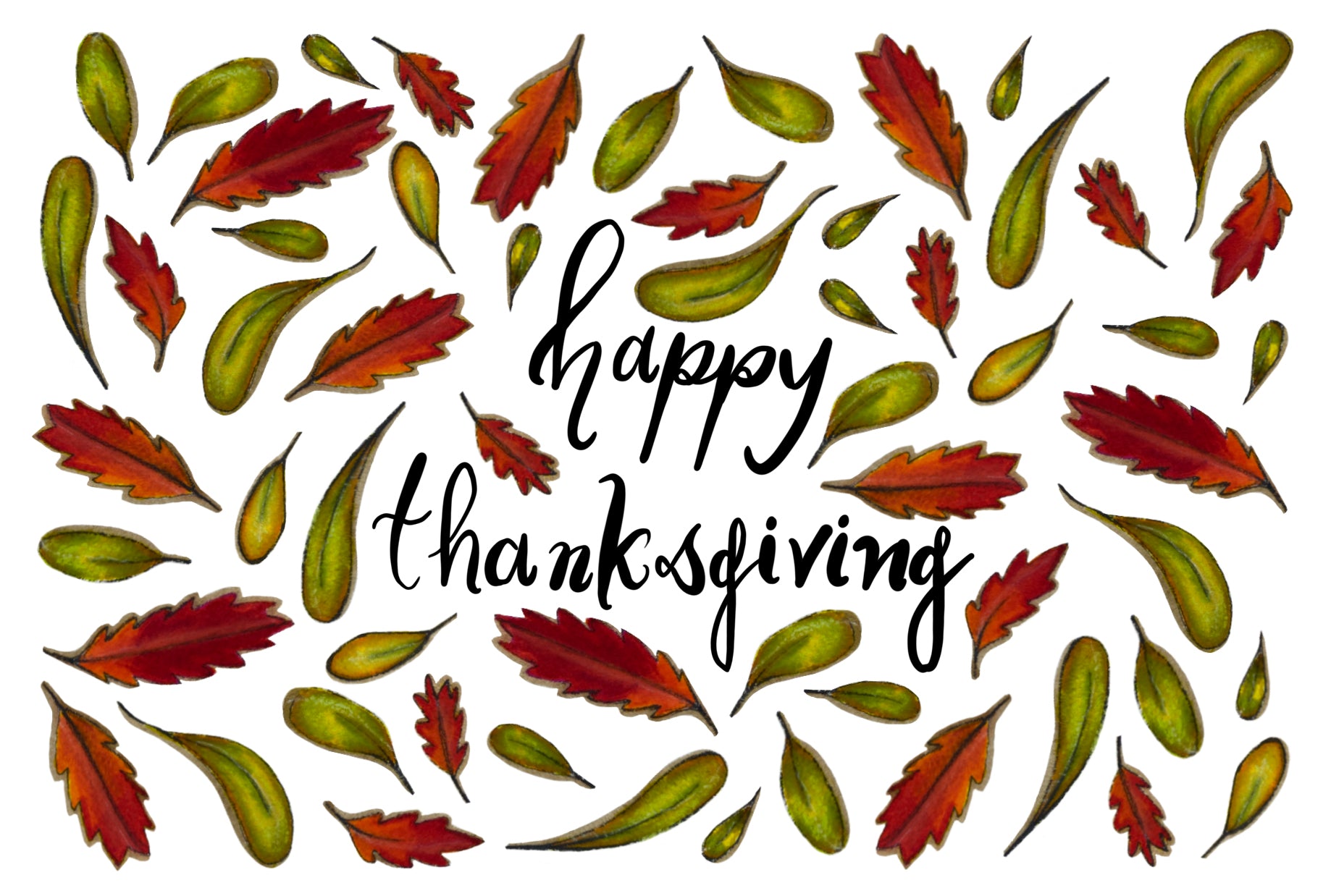 The words ‘Happy Thanksgiving” are centred on a white background surrounded by drawn fall leaves.