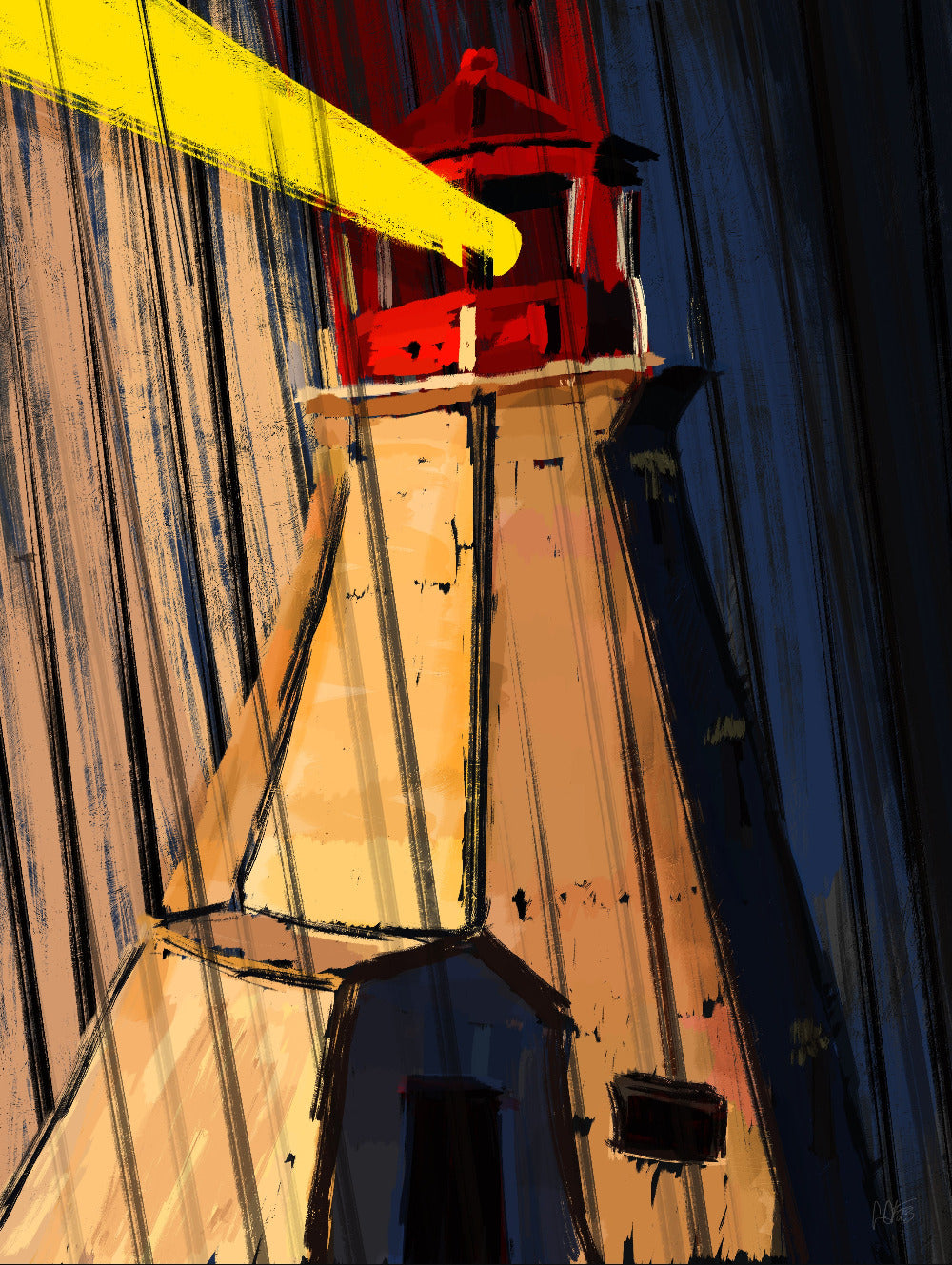 Lighthouse at night shining light