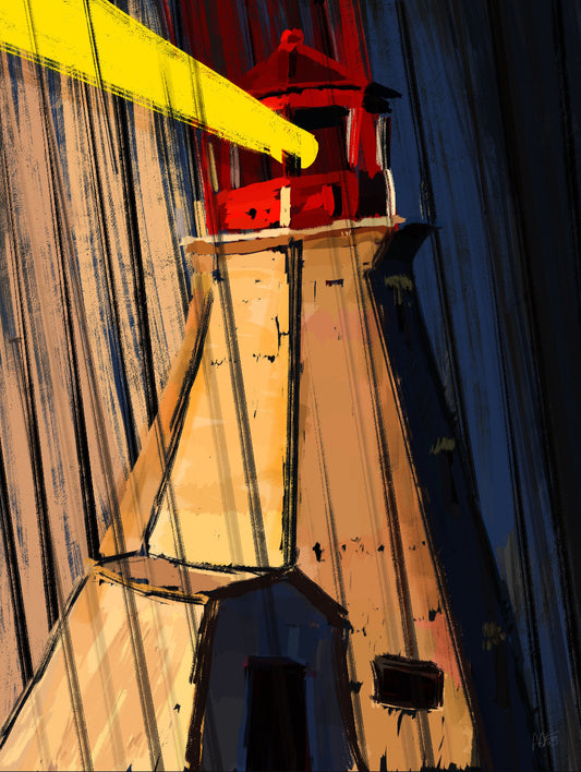 Lighthouse at night shining light