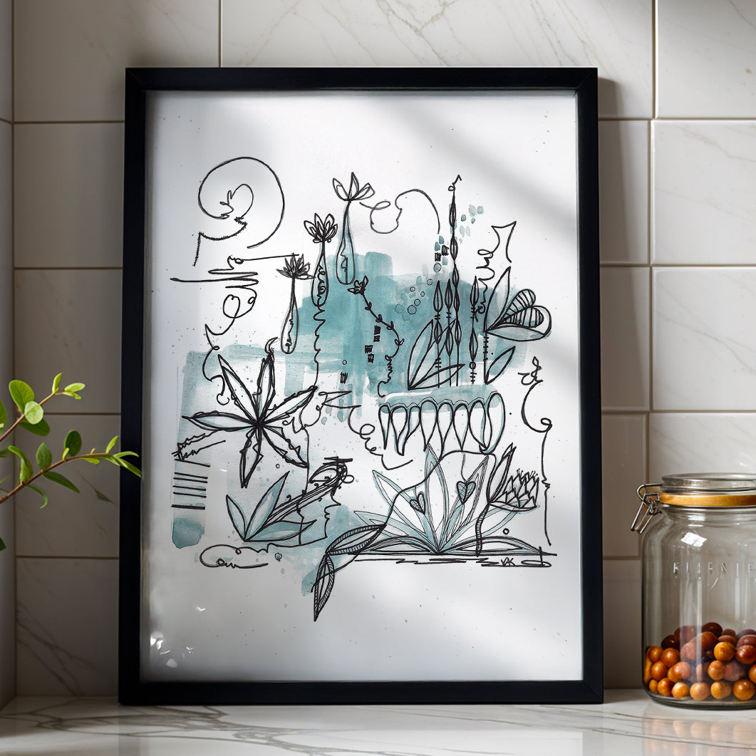 Framed Lost in Nature botanical print by Joy and Fury Art on a countertop