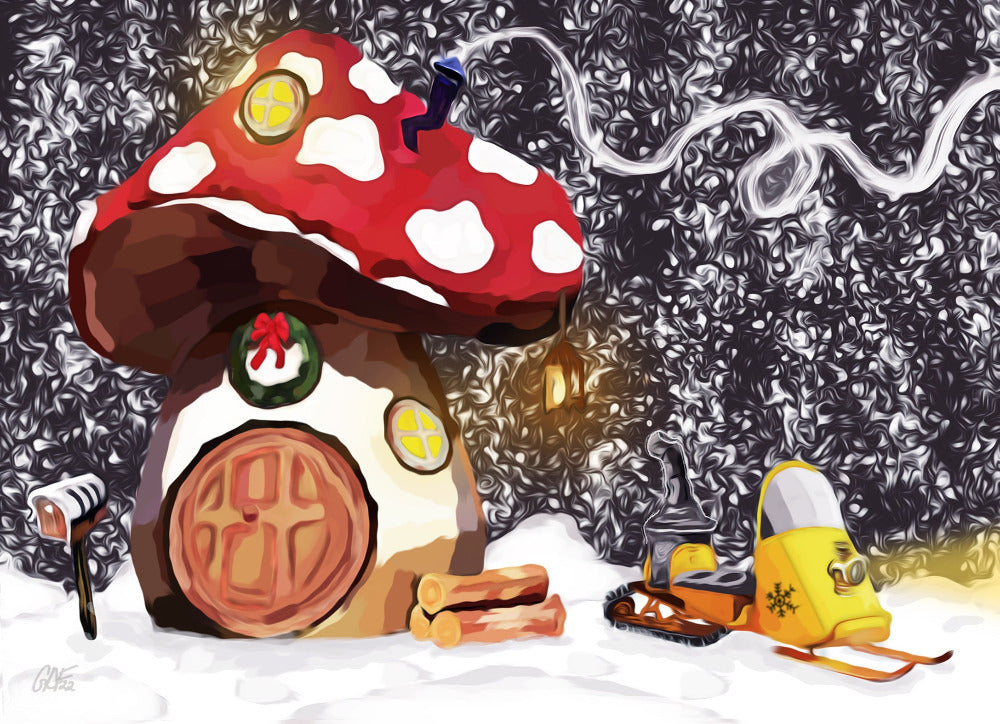 Mushroom house and snowmobile