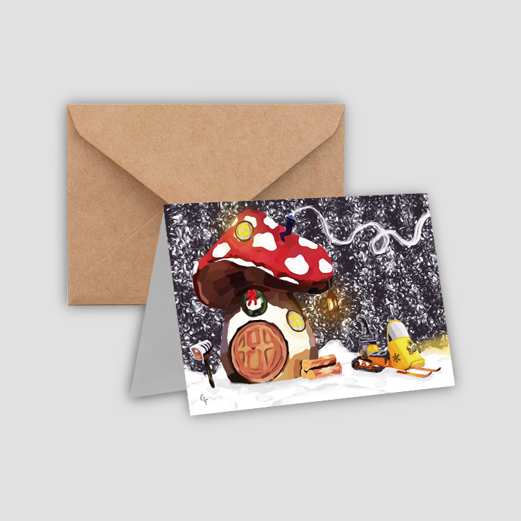 Mushroom house and snowmobile