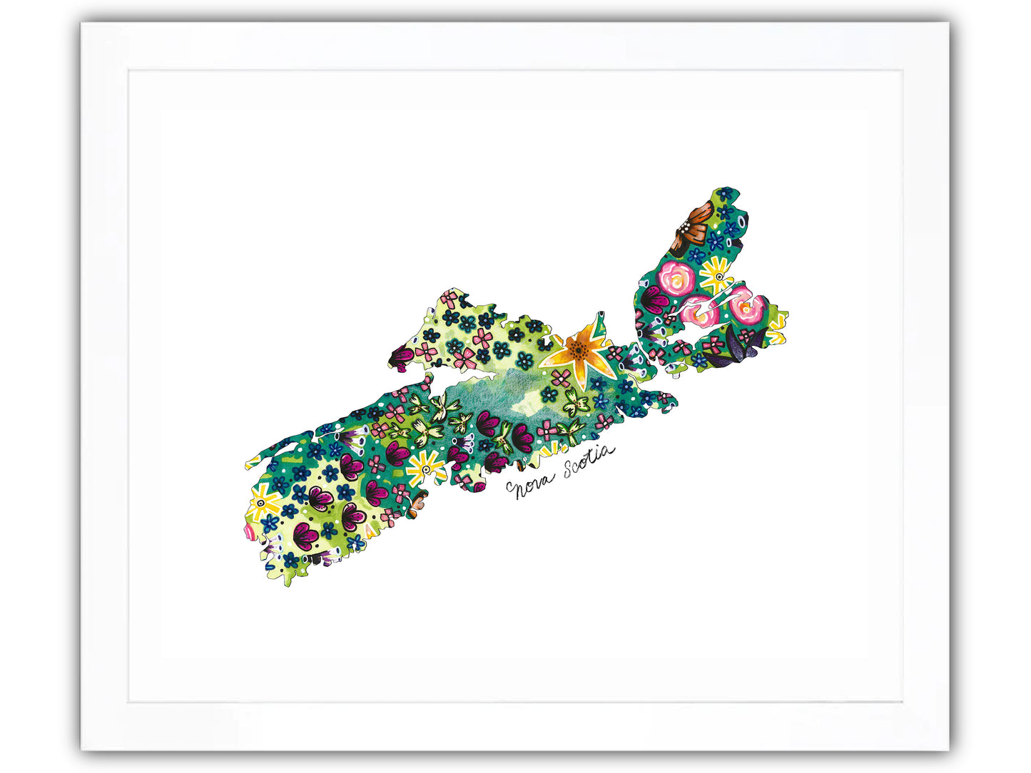 Outline of nova scotia map, filled with abstract flowers