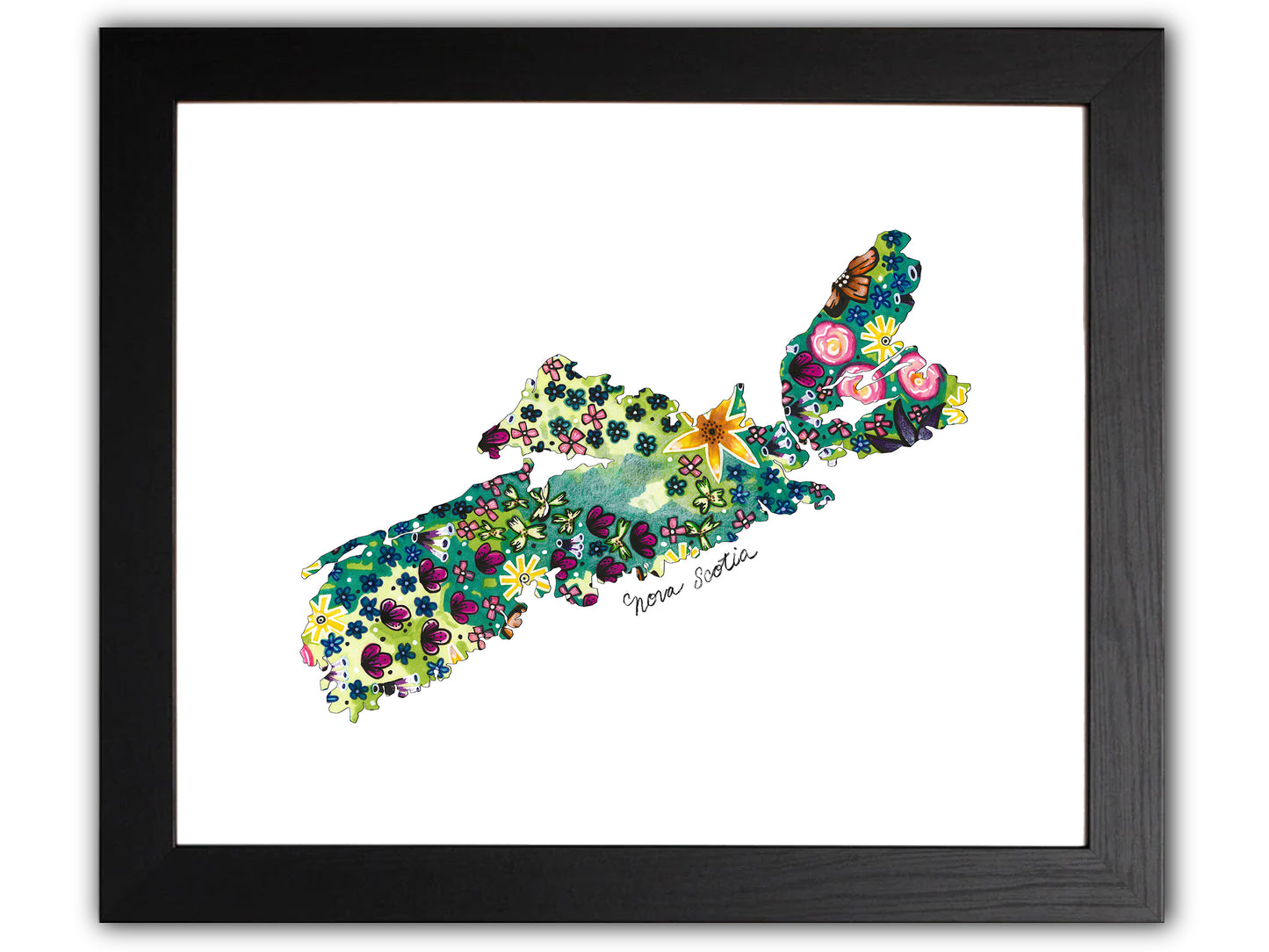 Outline of nova scotia map, filled with abstract flowers
