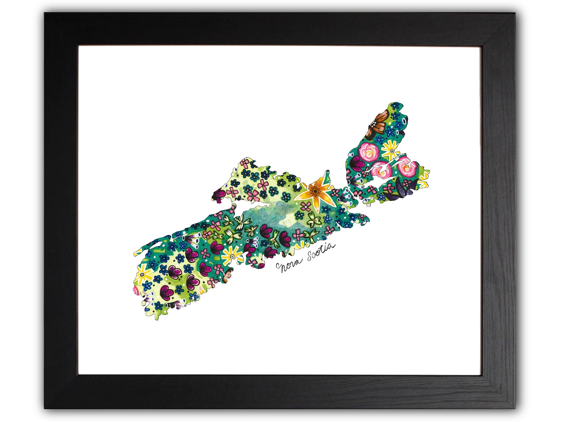 Outline of nova scotia map, filled with abstract flowers