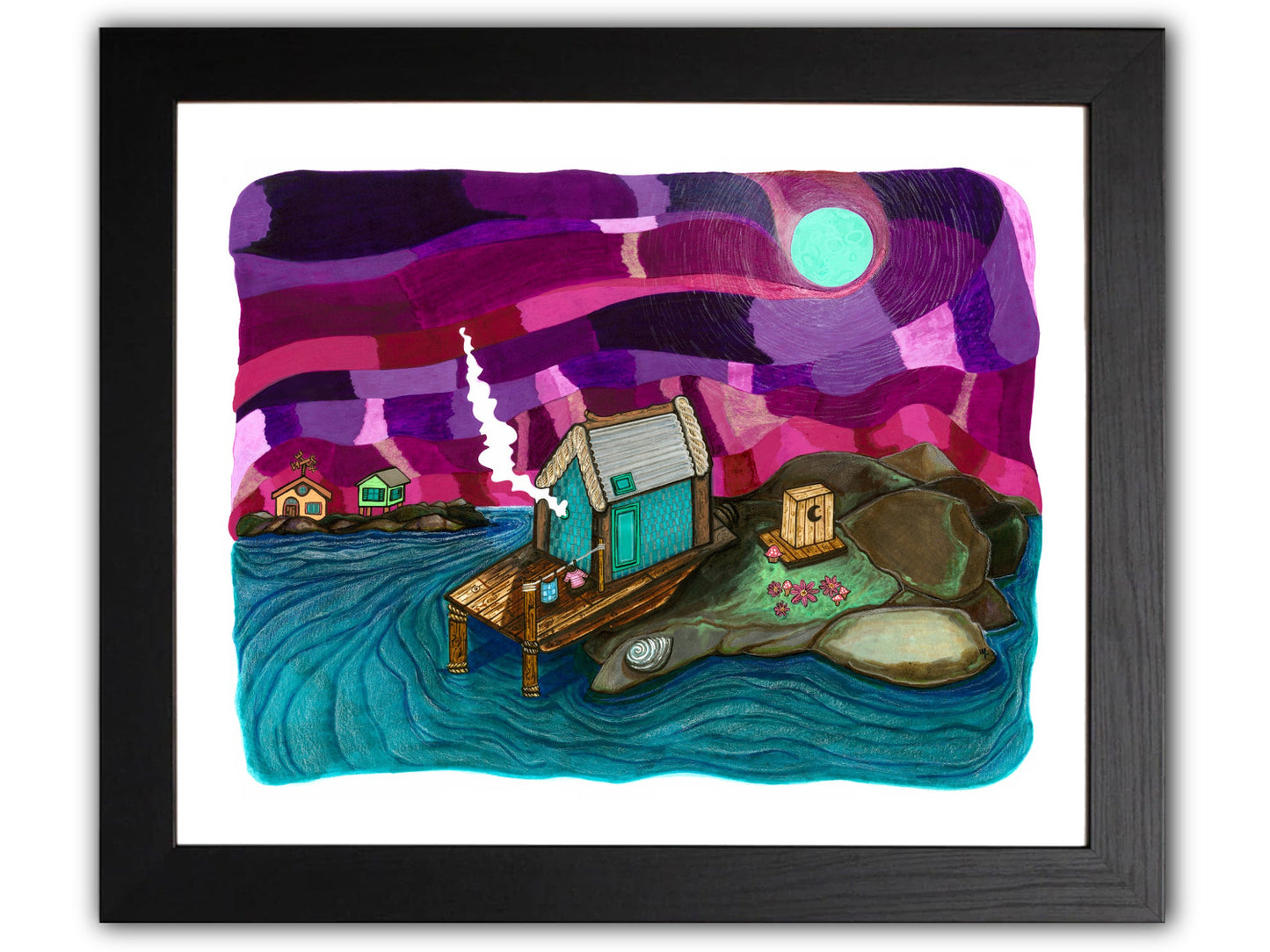 Sea shack on rocks on ocean