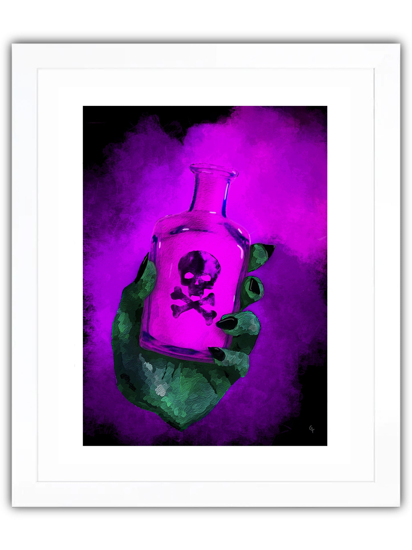 Green hand holding poison bottle