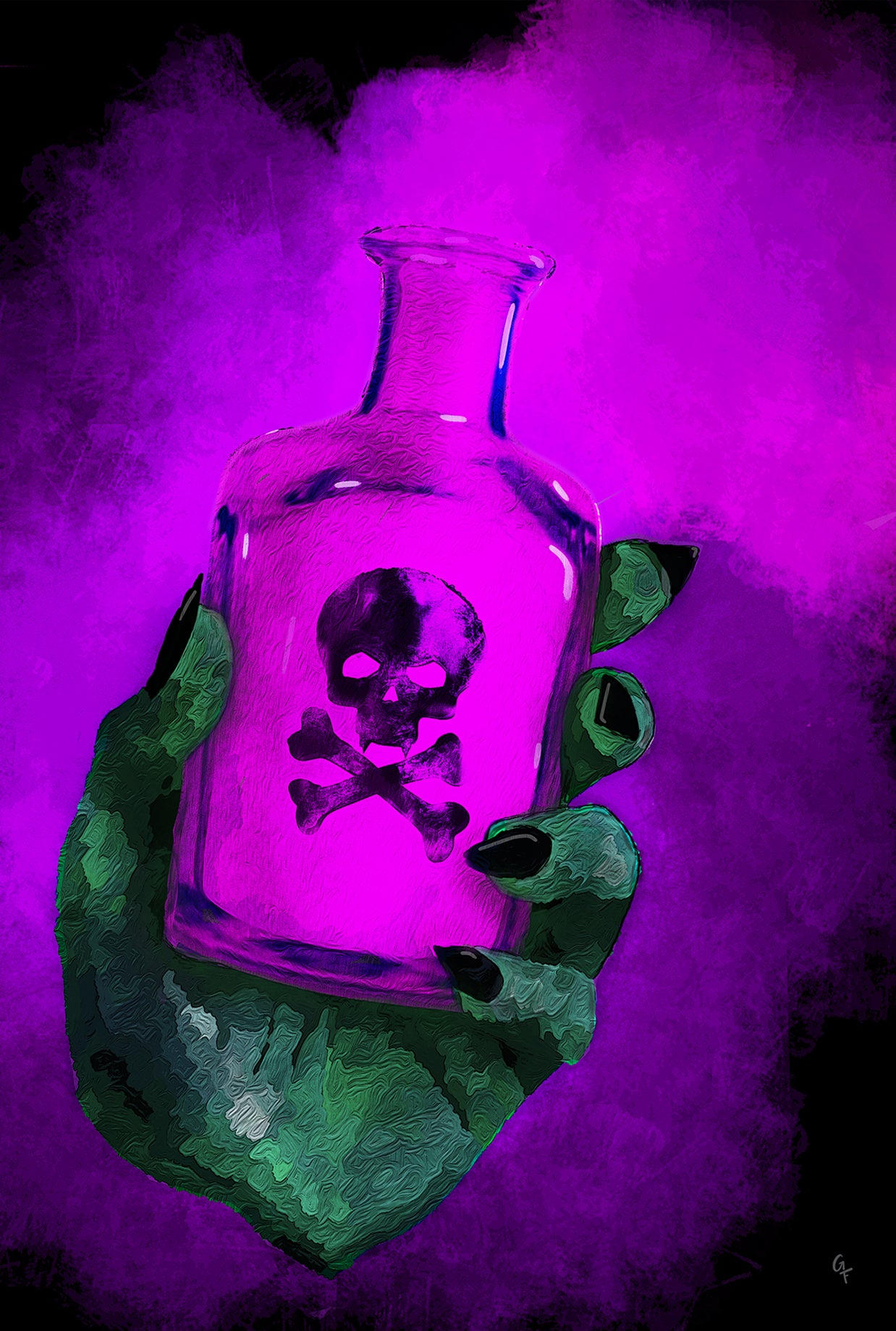Green hand holding poison bottle