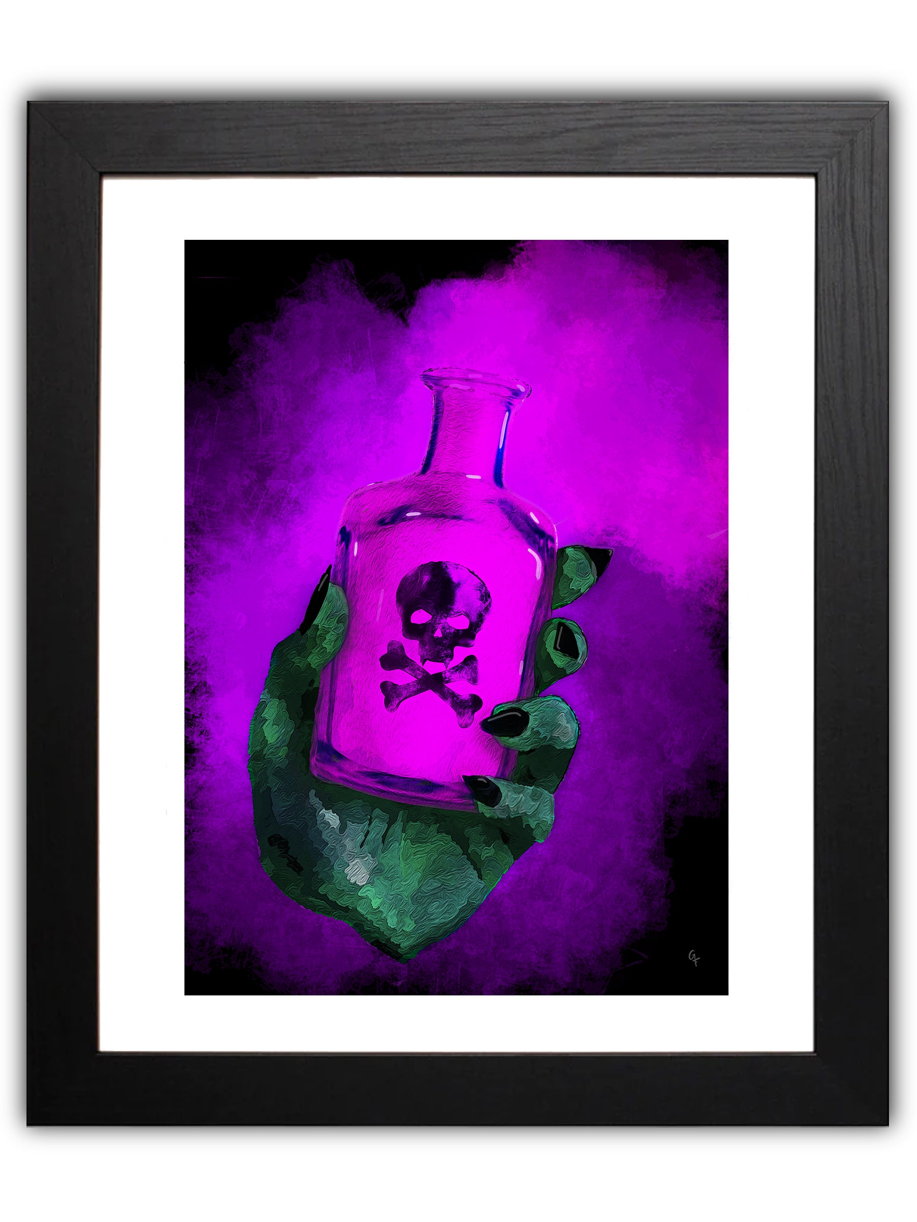 Green hand holding poison bottle