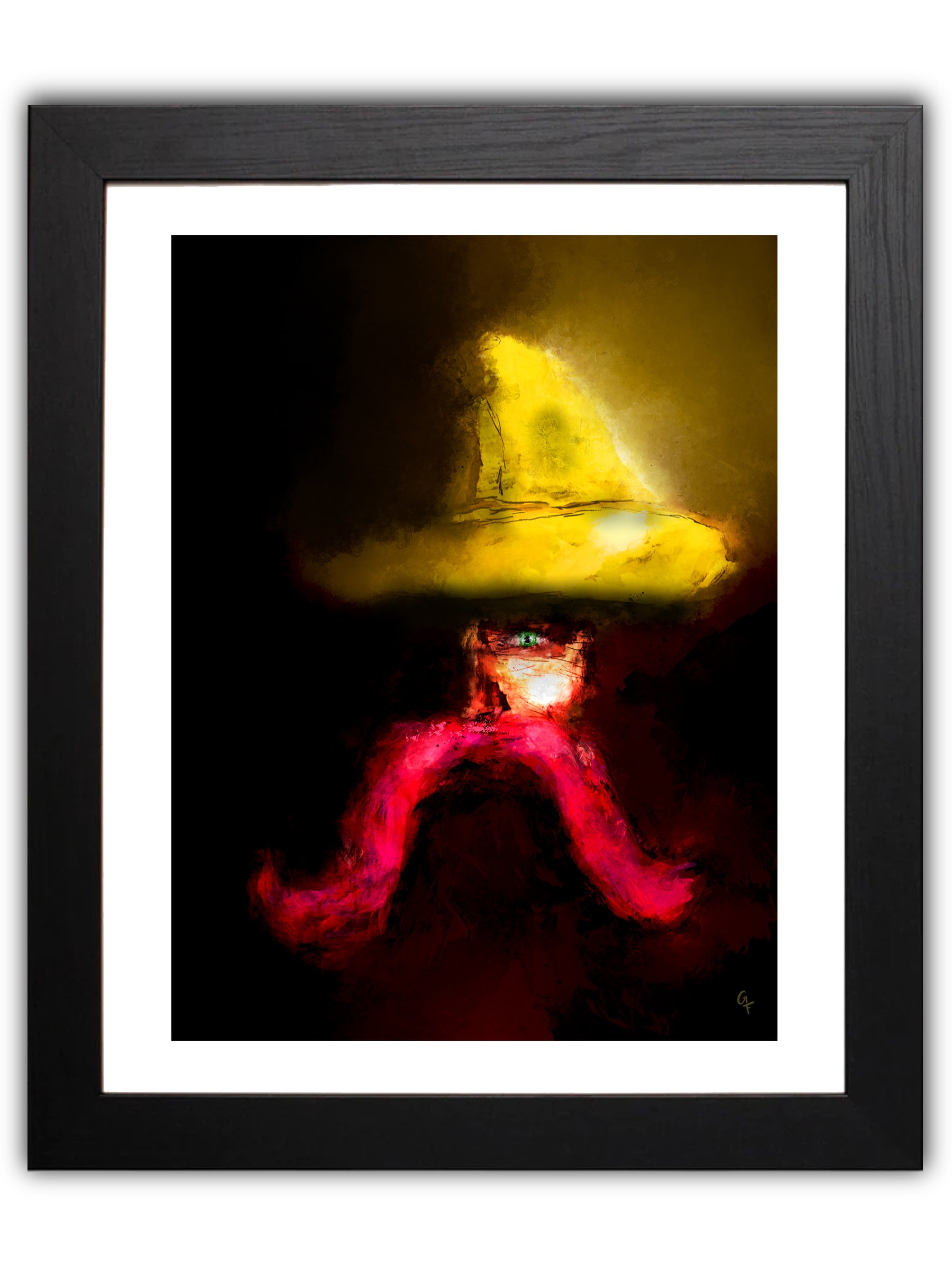 Man wearing yellow hat with red moustache in shadows