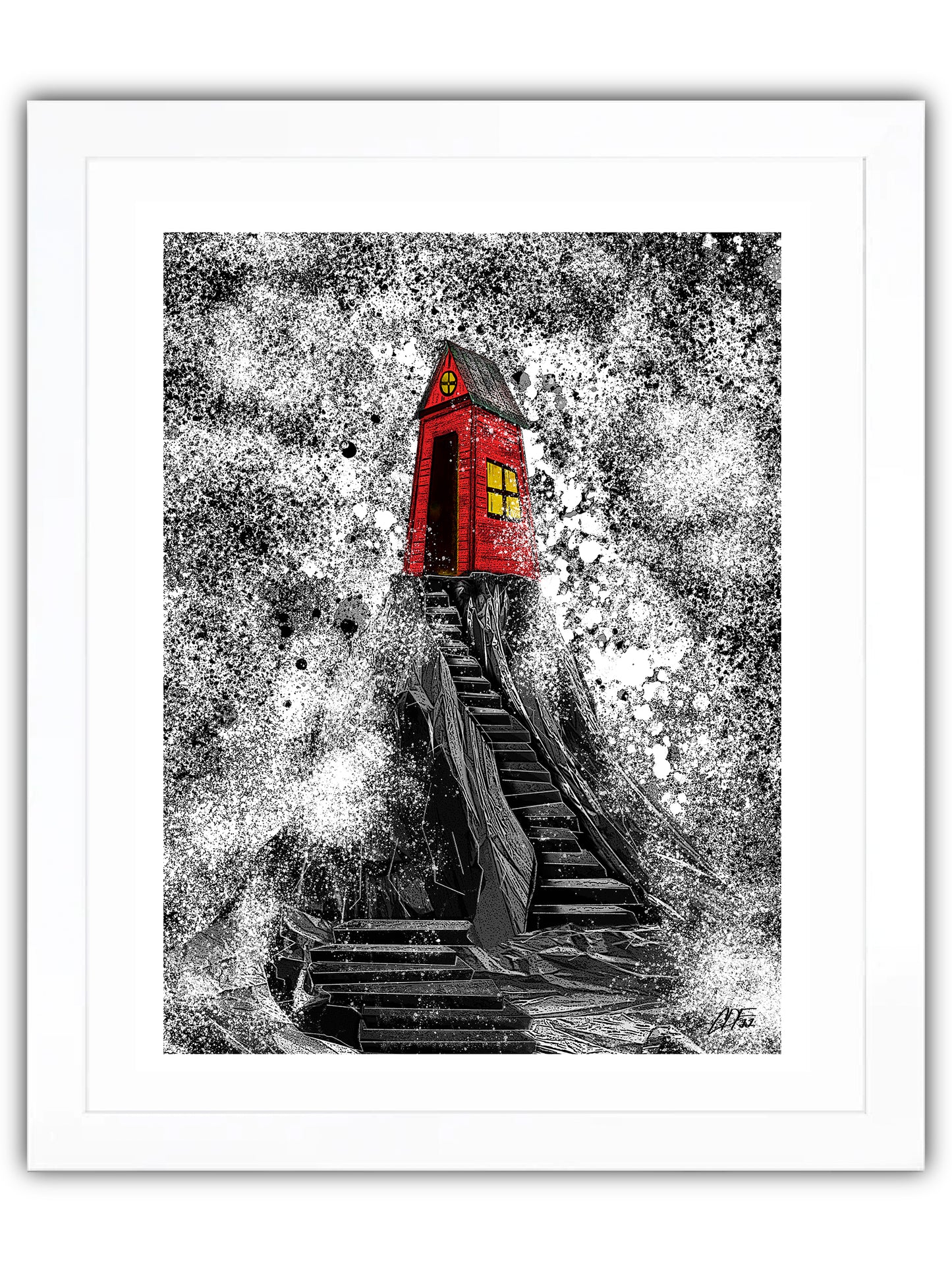 Red shack on rocks in waves