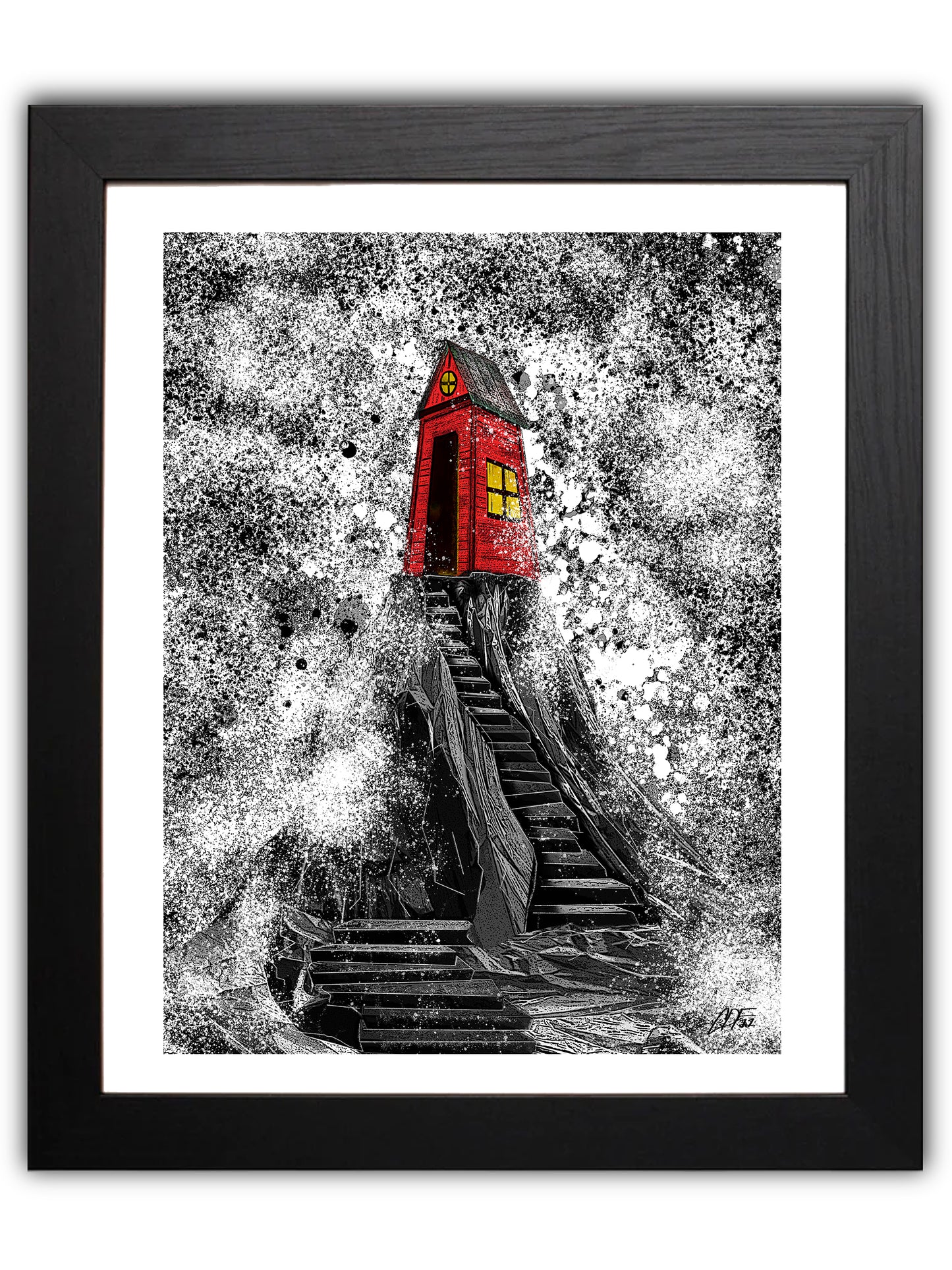 Red shack on rocks in waves