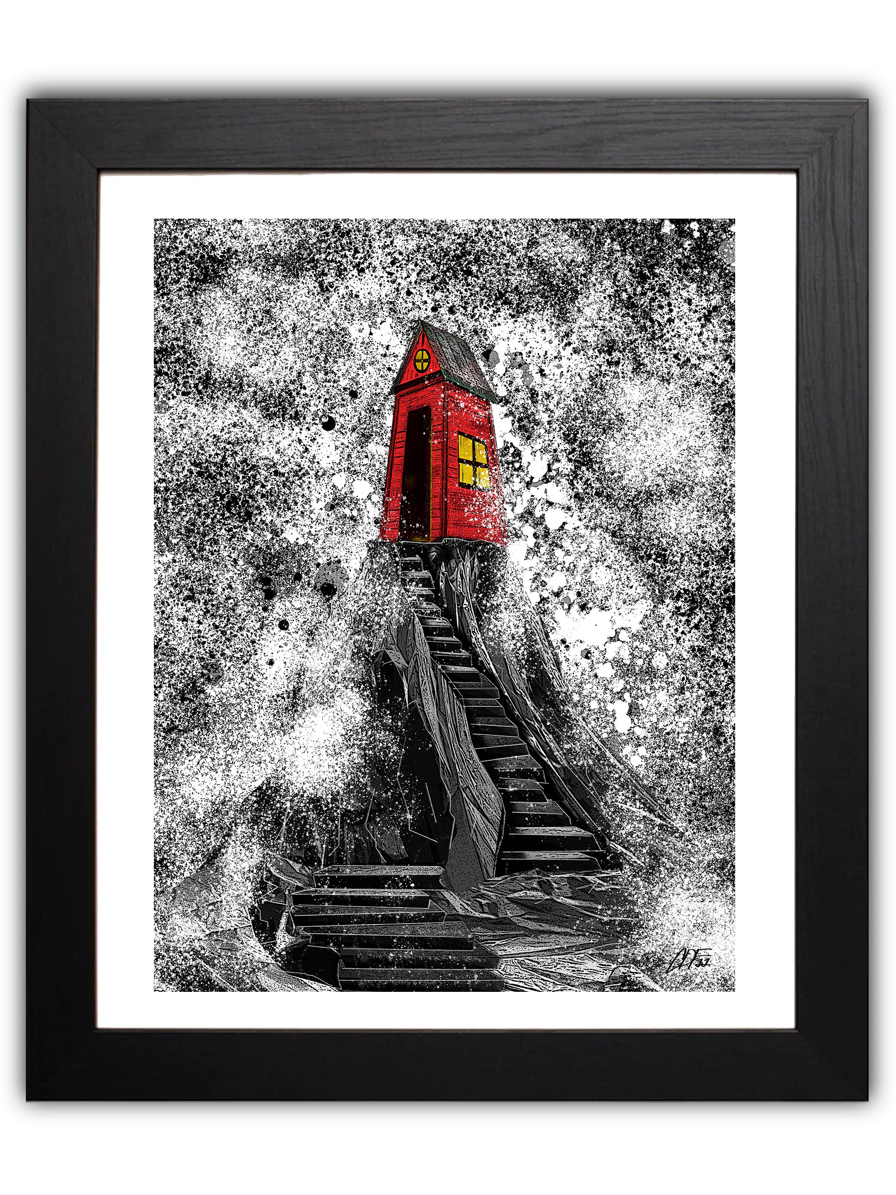 Red shack on rocks in waves