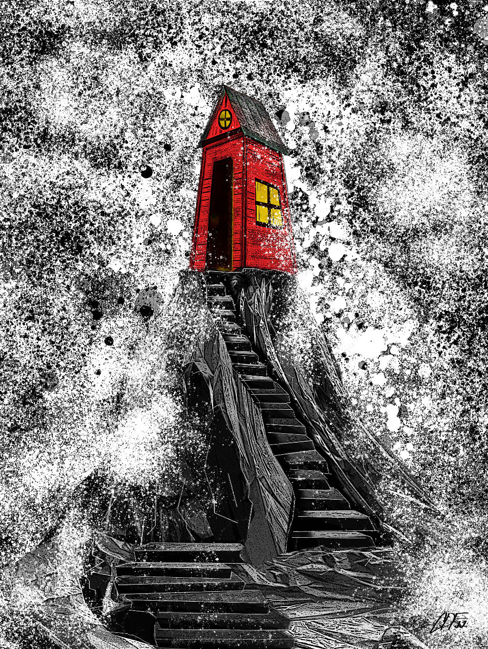 Red shack on rocks in waves