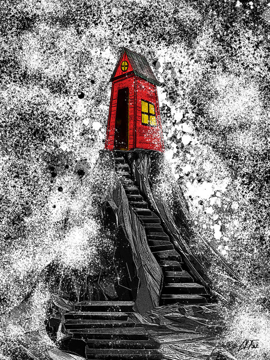 Red shack on rocks in waves