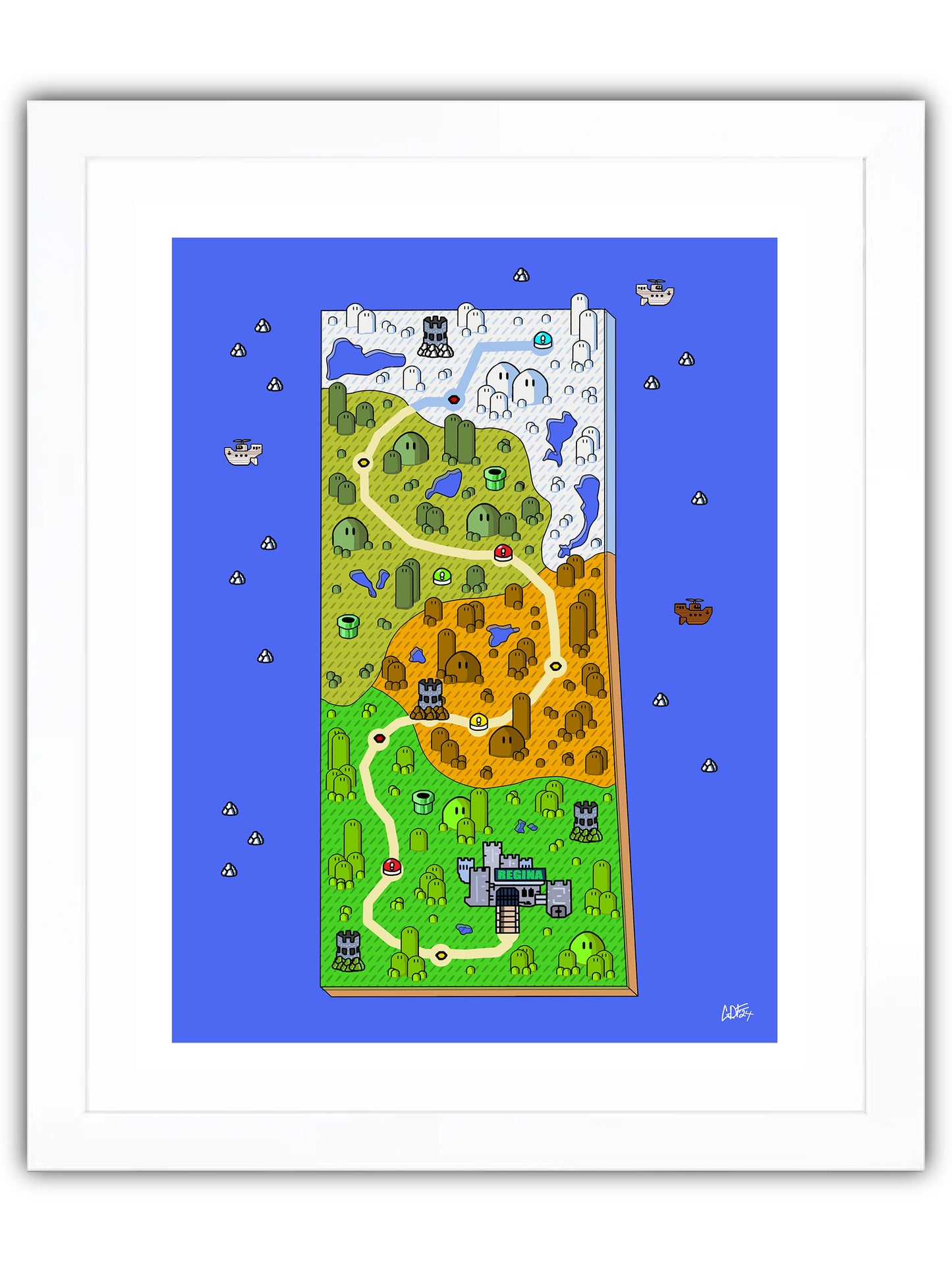 Saskatchewan map with videogame icons