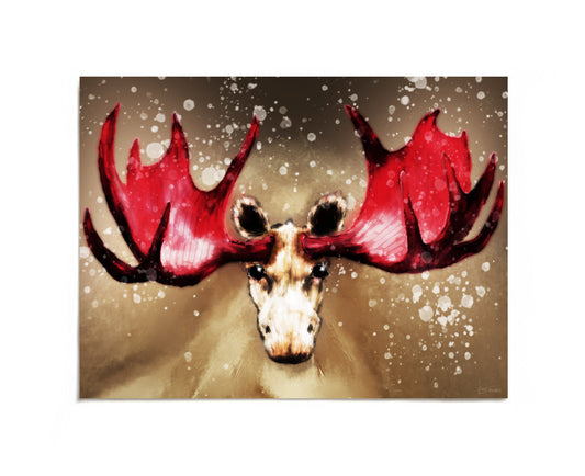 Moose with red antlers in snow art print by Joy and Fury Art