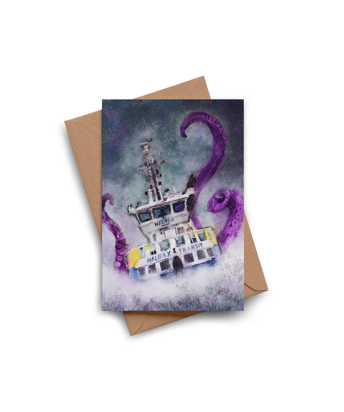 Halifax ferry and purple tentacles greeting card by Joy and Fury Art with kraft envelope