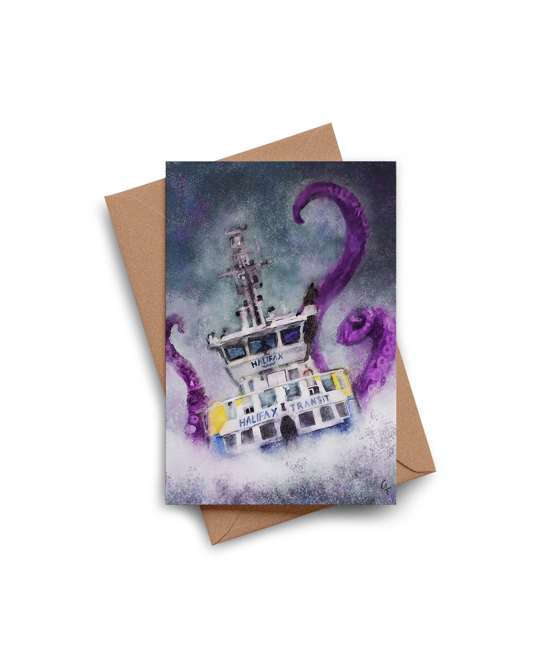 Halifax ferry and purple tentacles greeting card by Joy and Fury Art with kraft envelope