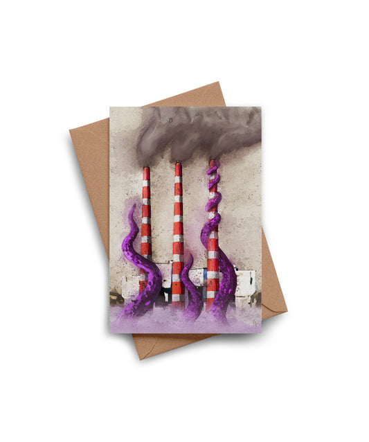 Attack On The Smokestacks greeting card by Joy and Fury Art