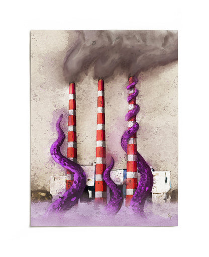 Halifax smokestacks with purple tentacles art print by Joy and Fury Art