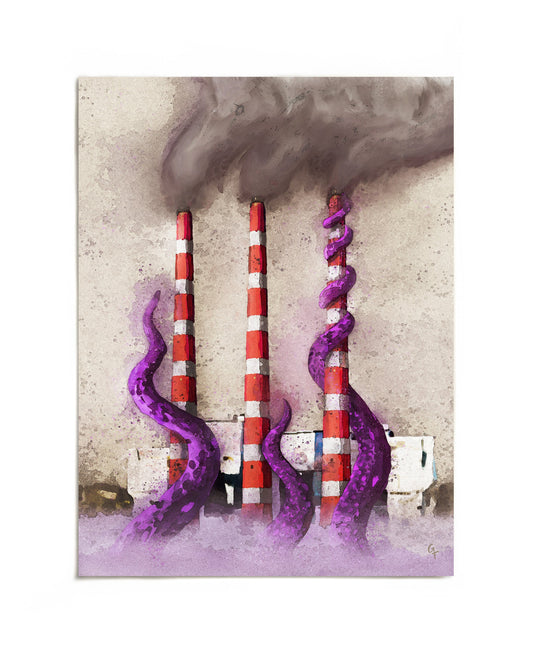 Halifax smokestacks with purple tentacles art print by Joy and Fury Art