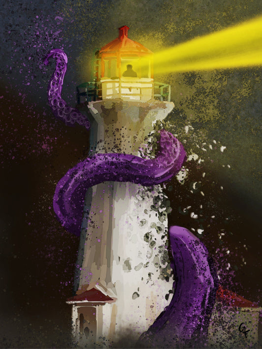 Lighthouse at night, purple tentacle wrapped around