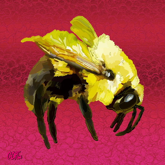 Yellow bee on flowery pink and red background