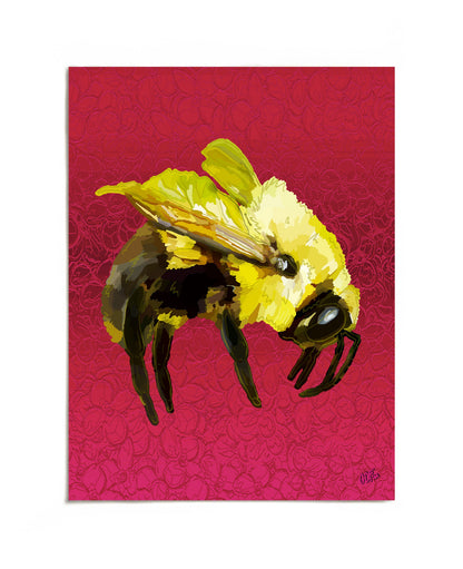 Bumblebee on magenta floral background art print by Joy and Fury Art