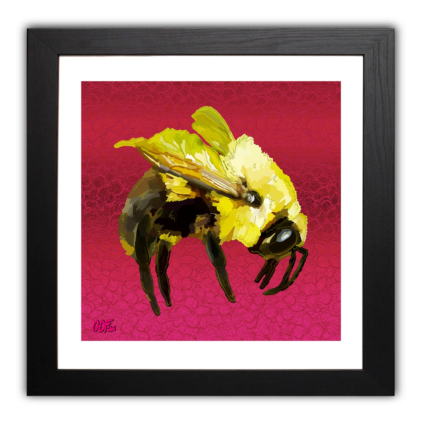 Yellow bee on flowery pink and red background