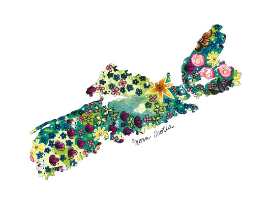 Outline of nova scotia map, filled with abstract flowers