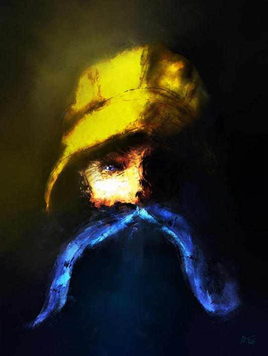 Portrait of fisherman wearing a yellow hat and blue mustache in shadows