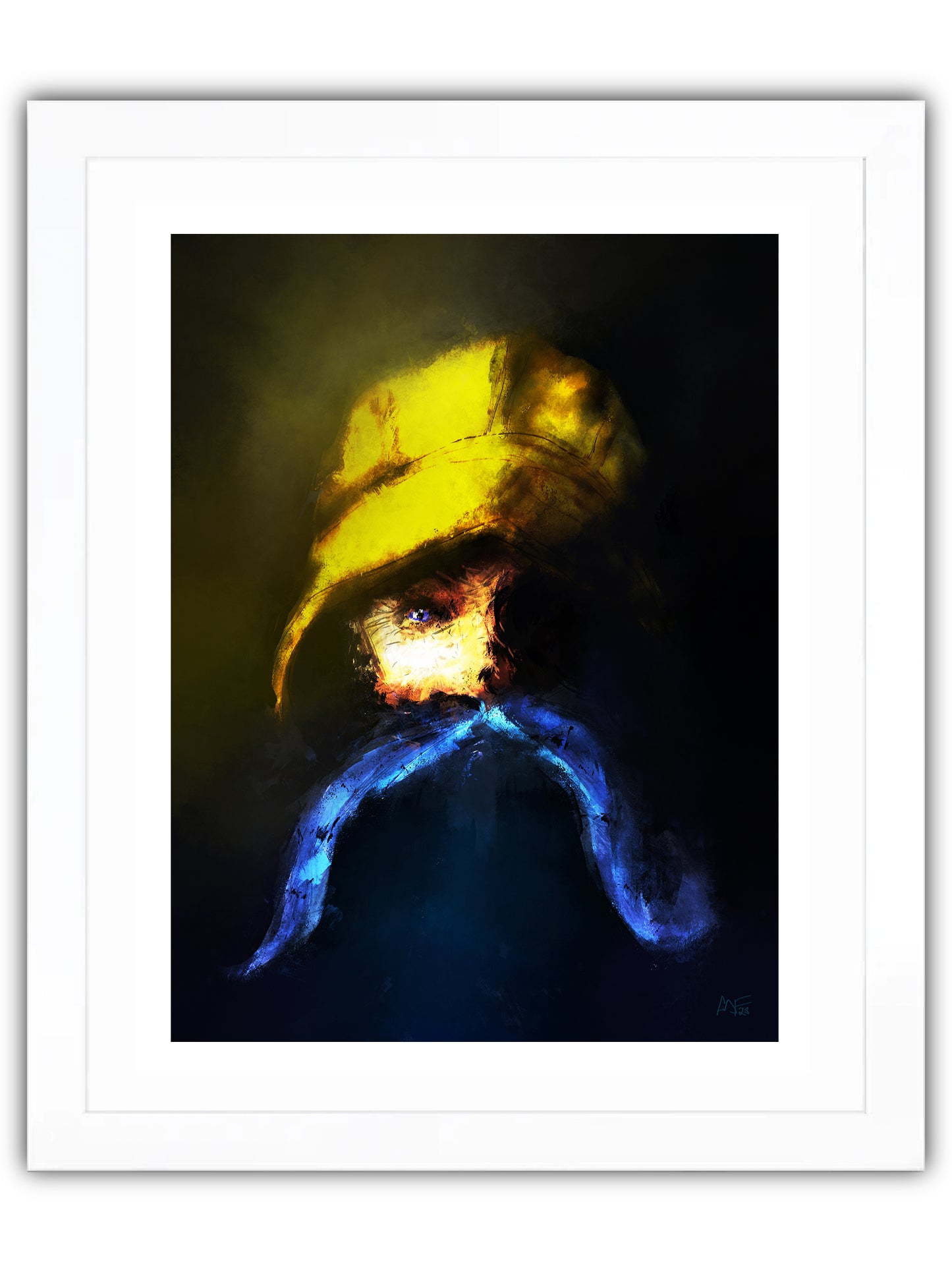 Portrait of fisherman wearing a yellow hat and blue mustache in shadows