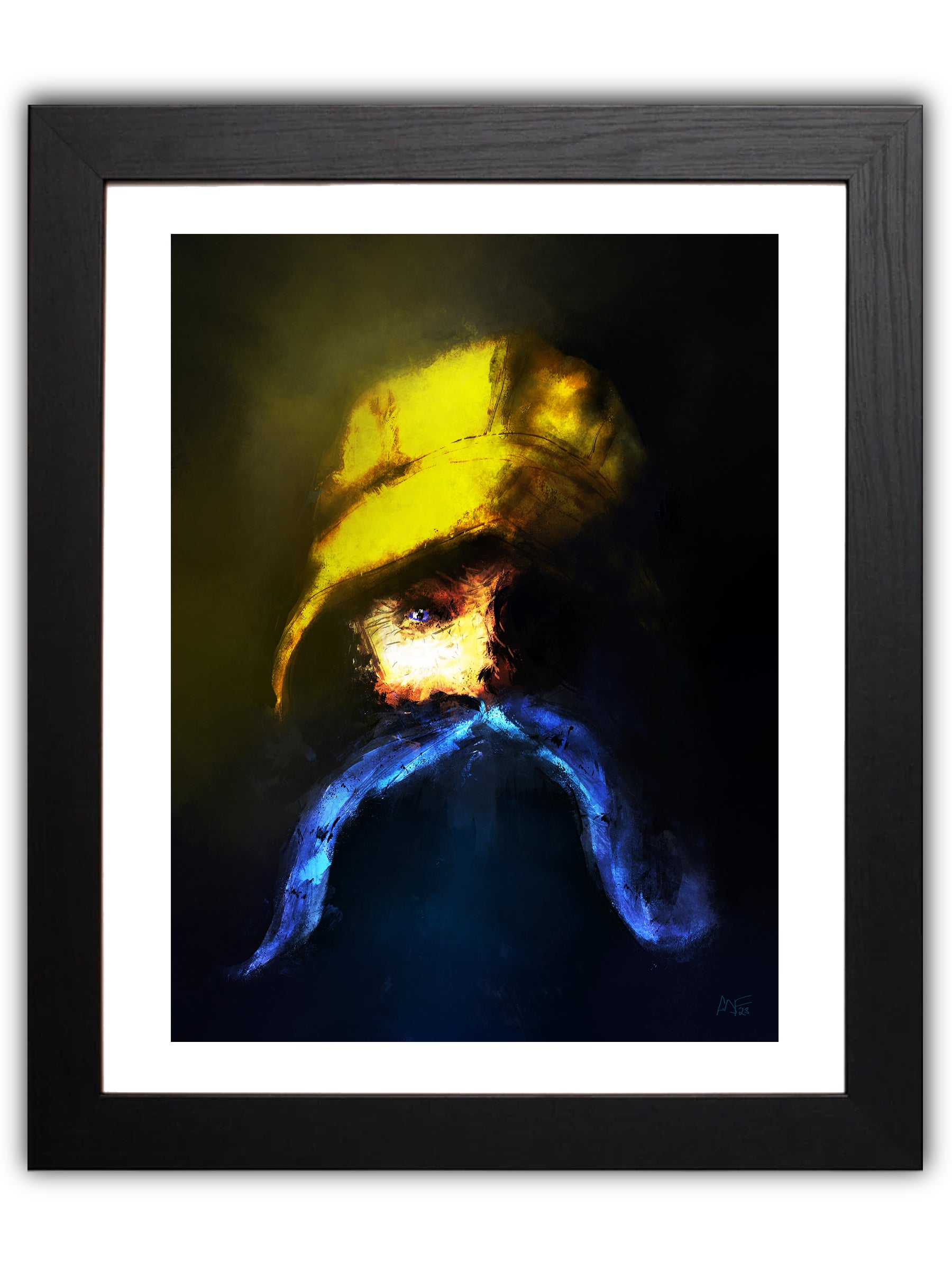 Portrait of fisherman wearing a yellow hat and blue mustache in shadows