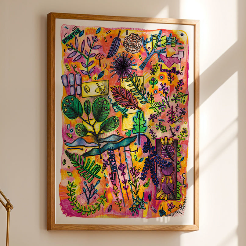 Framed Breathe botanical print by Joy and Fury Art on a light wall