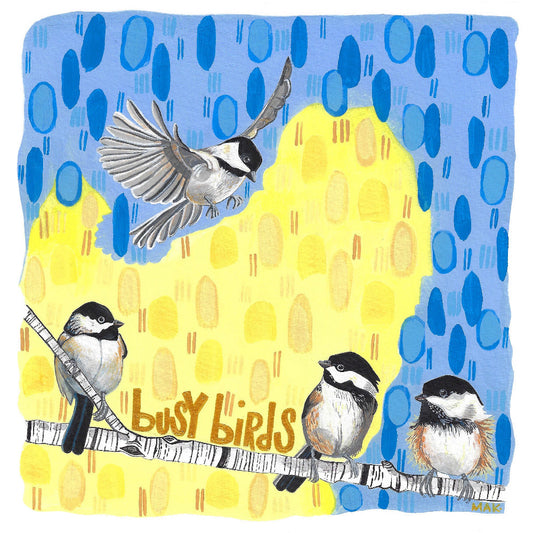 Chickadees on a branch, abstract background